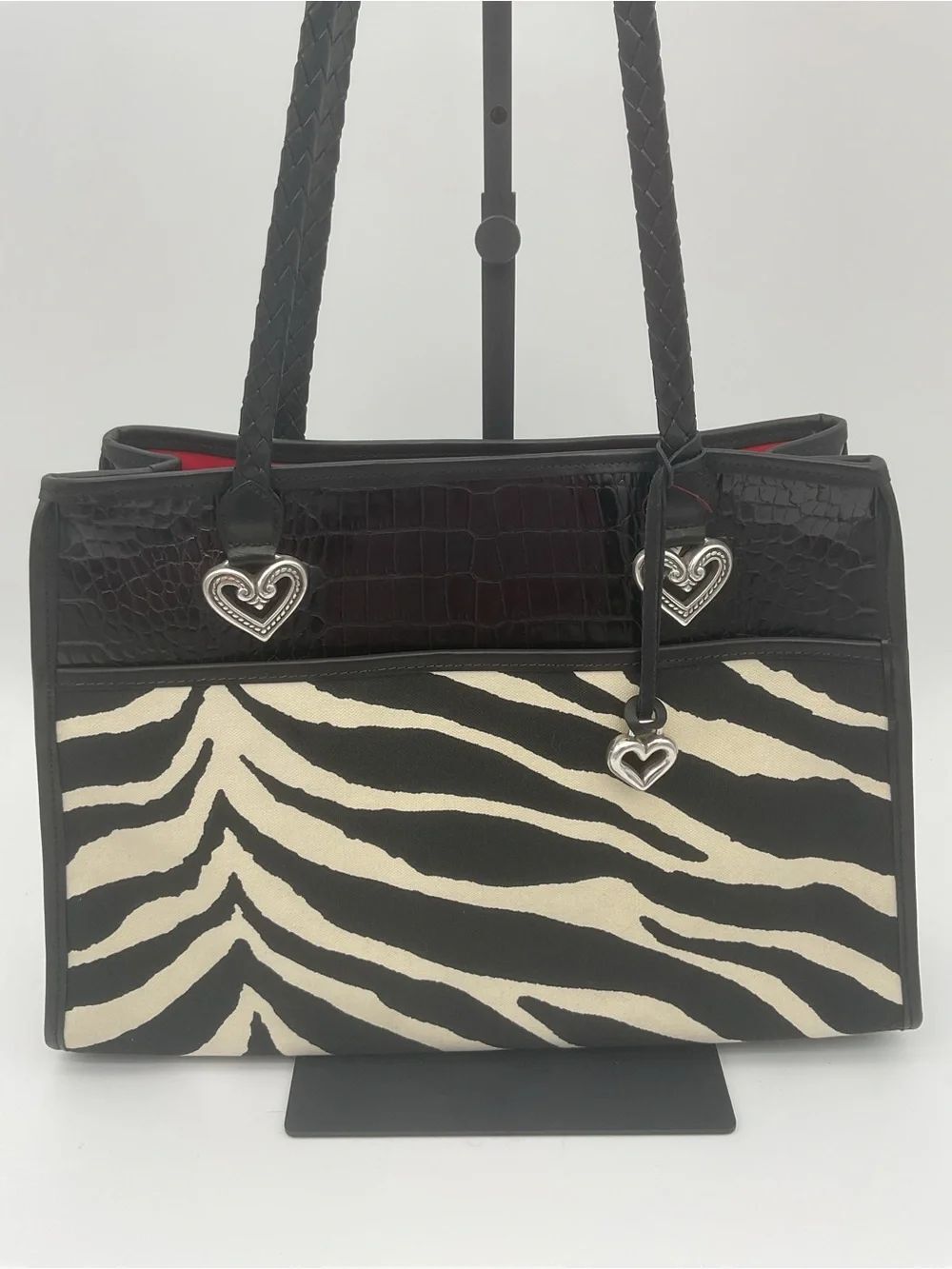 Brighton 2000 Black and White Zebra Canvas and Leather Tote with Heart Accents